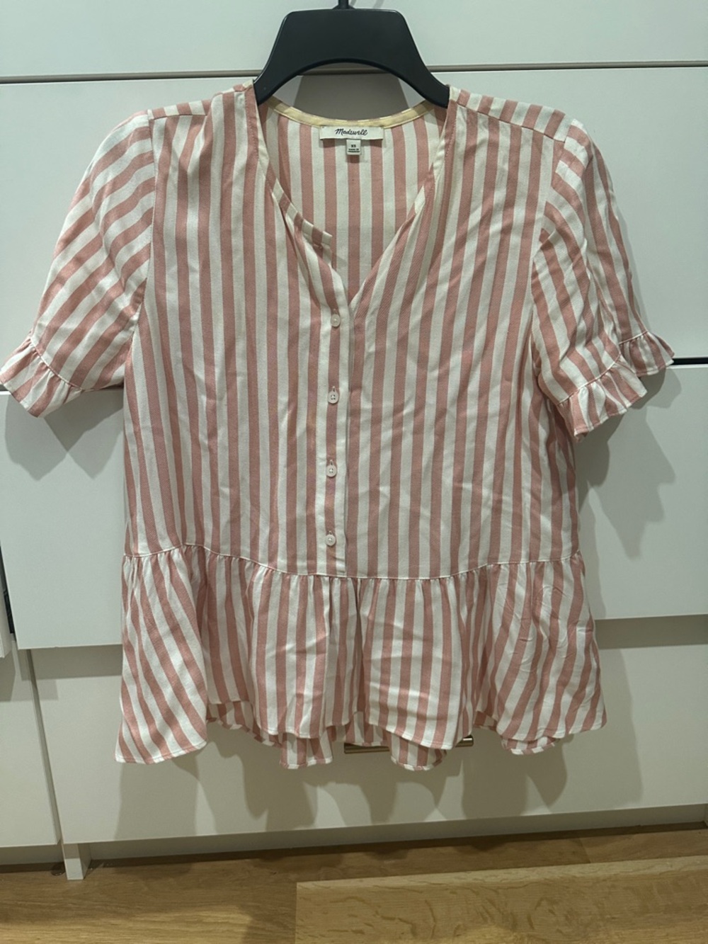 Madewell Blush Pink and White Striped Ruffle-Hem Button Top
